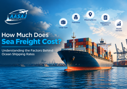 AASAJ International Shipping sea freight banner showing a container ship and key factors affecting ocean shipping rates.