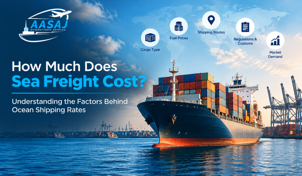 AASAJ International Shipping sea freight banner showing a container ship and key factors affecting ocean shipping rates.