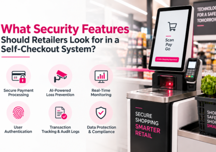 Self-checkout security features for retailers, including secure payments, AI loss prevention, monitoring, and data protection.