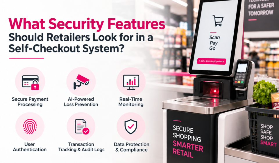 Self-checkout security features for retailers, including secure payments, AI loss prevention, monitoring, and data protection.