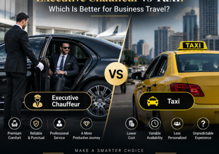 Executive chauffeur vs taxi for business travel, comparing luxury chauffeur service with taxi transportation