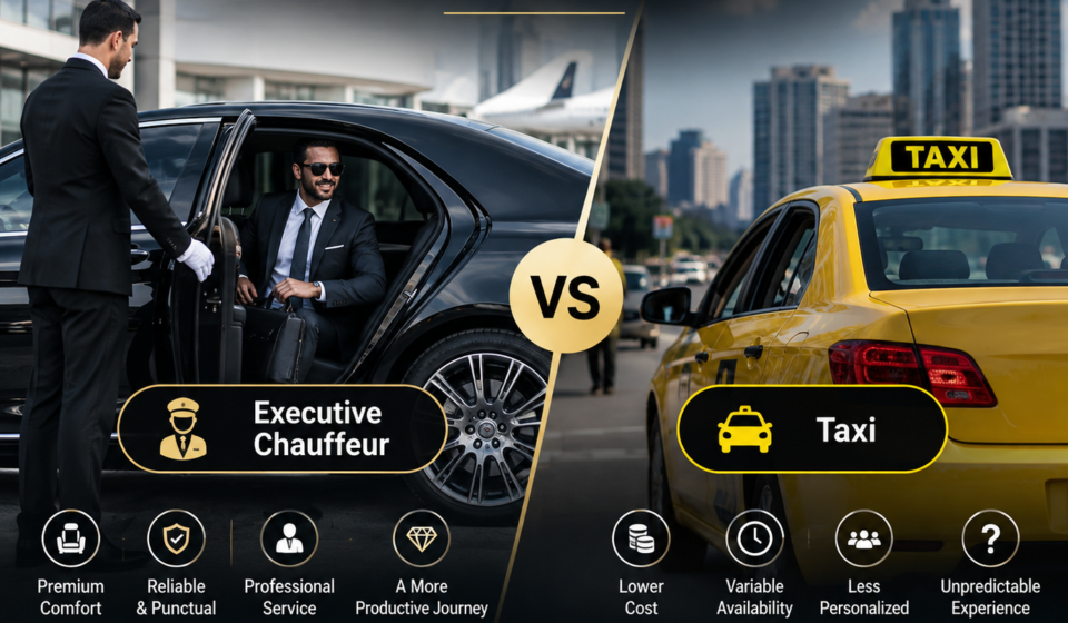 Executive chauffeur vs taxi for business travel, comparing luxury chauffeur service with taxi transportation