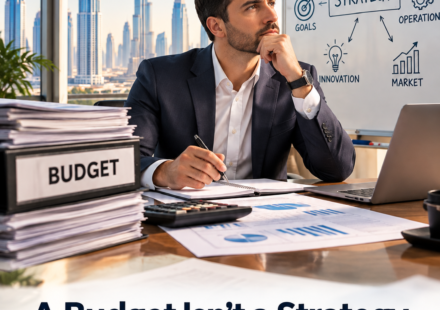 UAE business professional reviewing a budget and strategic growth plan in a Dubai office
