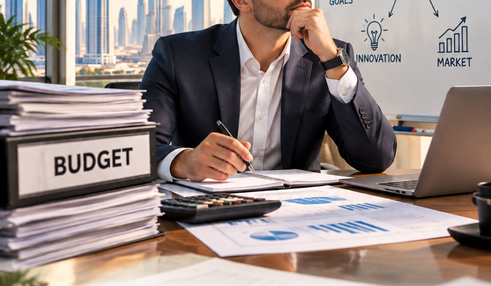 UAE business professional reviewing a budget and strategic growth plan in a Dubai office